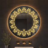 Beautiful Leaf Patten Art Led Rounded Shape Bathroom Wall Mirror