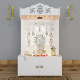 Aesthetic White Wooden Temple With Door for Home with Spacious Shelf & Inbuilt Focus Light