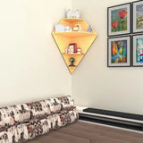 Diamond Shape Wood Corner Wall Shelf / Book Shelf, Oak Finish