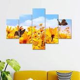 Sunflower Garden With Butterfly 5 Pieces Canvas Print Wall Painting