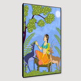 Beautiful Lady With Deer Madhubani Painting / Canvas Print Stretched on Wood Bars 61 x 41cm