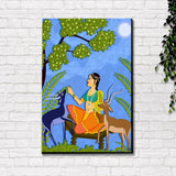 Beautiful Lady With Deer Madhubani Painting / Canvas Print Stretched on Wood Bars 61 x 41cm