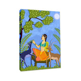 Beautiful Lady With Deer Madhubani Painting / Canvas Print Stretched on Wood Bars 61 x 41cm