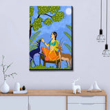 Beautiful Lady With Deer Madhubani Painting / Canvas Print Stretched on Wood Bars 61 x 41cm
