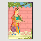 Beautiful Queen With Parrot Madhubani Painting / Canvas Print Stretched on Wood Bars 61 x 41cm