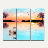 Beautiful Lake Sunrise with Swan 3 Pieces Wall Painting with Wooden Framed