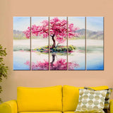 Beautiful Pink Cherry Blossom Tree 5 Pieces Multicolour Wall Painting Framed on Wood