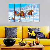 Santa Claus With Sleigh Wooden Framed 5 Pieces Canvas Painting