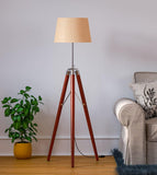 Sleek Tripod Floor Lamp 3 Legs Standing Wooden Natural Brown Polished and Silver with 12 inches Jute Lamp Shade