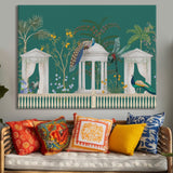 Mughal Garden Peacock Artwork Abstract Canvas Framed Painting Indian Ethnic Traditional Wall Art Large Size For Living Room Bedroom Office Home Decoration.