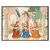 Mughal Garden Peacock Artwork Abstract Canvas Framed Painting Indian Ethnic Traditional Wall Art Large Size For Living Room Bedroom Office Restaurant Caffe Home Decor