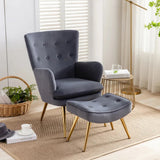 Tufted Long Back Grey Lounge Chair With Ottoman