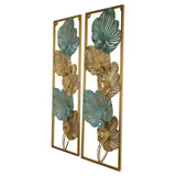 Green & Gold Etchiing Leaves Rectangular Wall Decor Set of 2