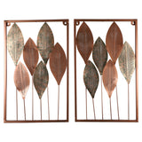 Rectangular Copper & Green Etching Leaves Wall Decor Set of 2