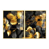 Beautiful Golden Flower Premium Acrylic Floating Wall Painting Set of 2