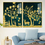Beautiful Golden Trees with Deer Premium Acrylic Floating Wall Painting Set of 2
