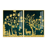Beautiful Golden Trees with Deer Premium Acrylic Floating Wall Painting Set of 2