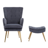 Tufted Long Back Grey Lounge Chair With Ottoman