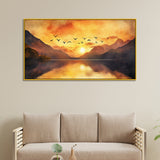 Beautiful Canvas Painting of A Flock of Birds Flying Over The Lake at Sunrise