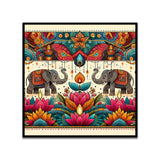 Colorful Indian Traditional Folk Art Elephant & Lotus Canvas Wall Painting
