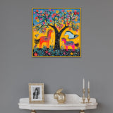 Madhubani Canvas Painting with Nature and Wildlife Depicted in Festive Colors