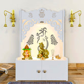Beautiful Design of Shri Ganesh Floor Temple with Spacious Wooden Shelf & Inbuilt Focus Light- White Finish