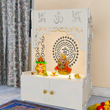 Designer Om Chakra Floor Temple with Spacious Wooden Shelf & Inbuilt Focus Light- White Finish