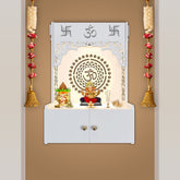 Designer Om Chakra White MDF Wood Temple with Inbuilt Focus Light & Spacious Shelf
