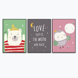 Baby Bear & Owl Kids Room Wall Frame Set of 3