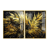 Premium Black and Shiny Gold Palm Leaves Acrylic Floating Wall Painting Set of 2