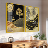 Wavy Golden Lines Mountains Premium Acrylic Floating Wall Painting Set of 2