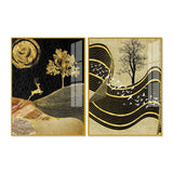 Wavy Golden Lines Mountains Premium Acrylic Floating Wall Painting Set of 2