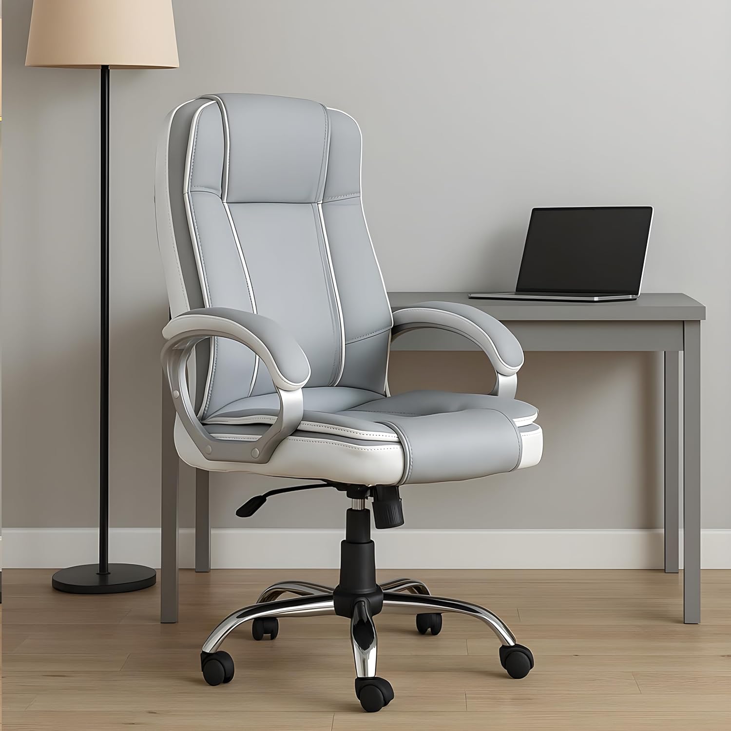 Grey & White Leatherette Swivel Office Revolving Chair | Heavy Tilting Mechanism & Strong Chrome Stand Base