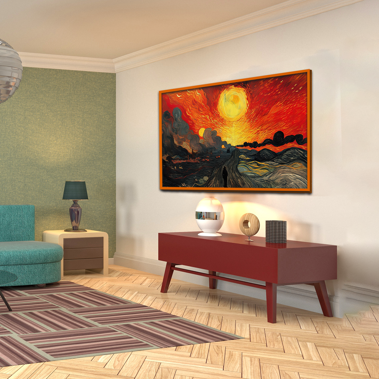 Man Walking Down Road with Sun Background Canvas Wall Paintings