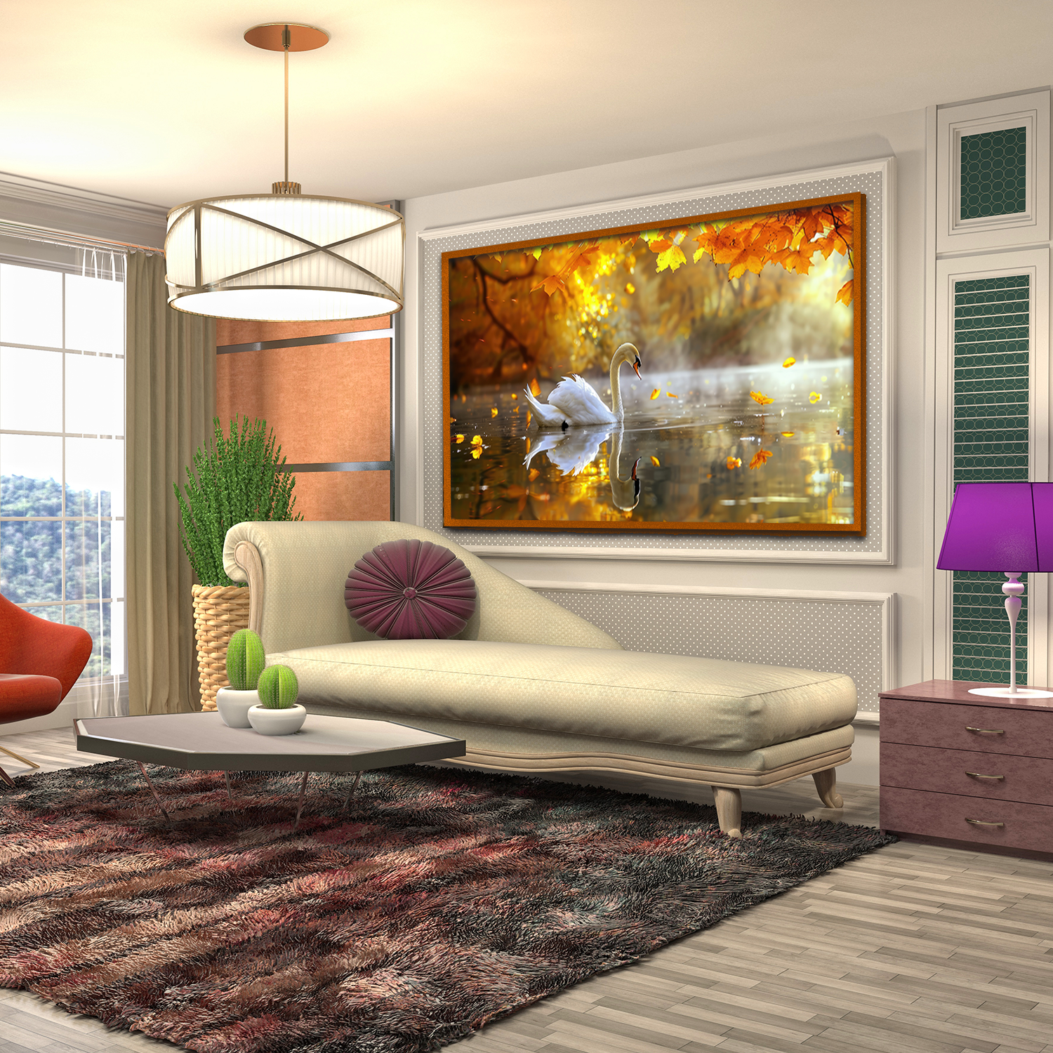 Mirror Lake Scenery With Golden Leaves Graceful Swan Canvas Wall Paintings