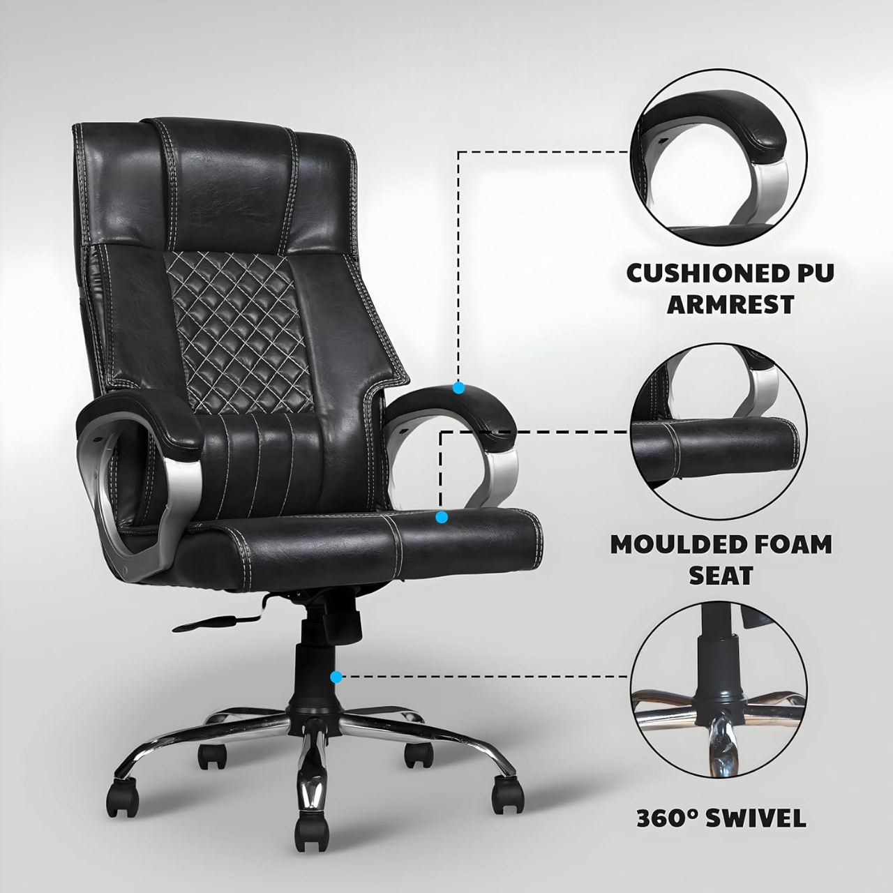 Black Leatherette Boss Office Chair | 360° Swivel, Tilting Locking Mechanism & Chrome Stand