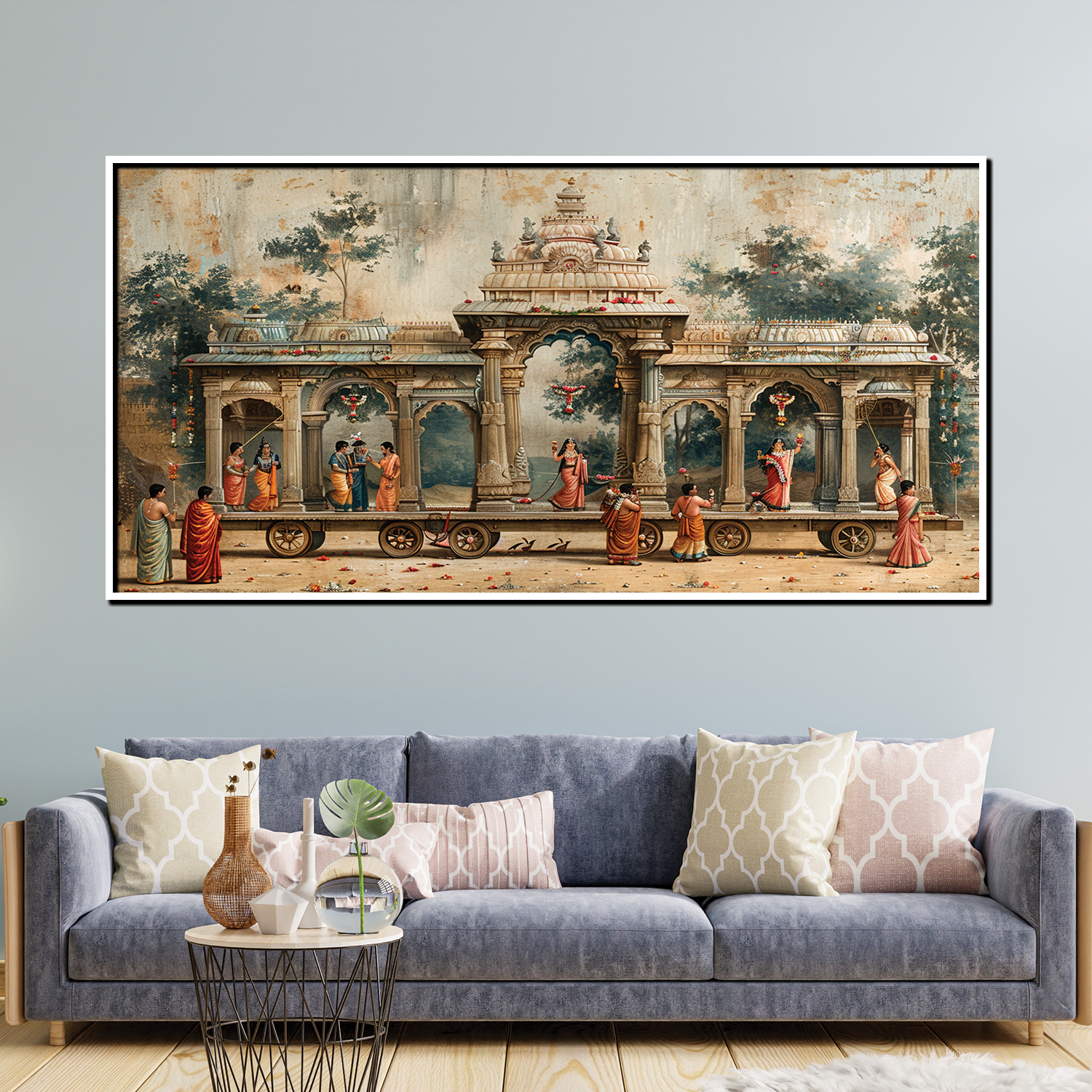 Vintage Indian Painting of a Temple Chariot Procession