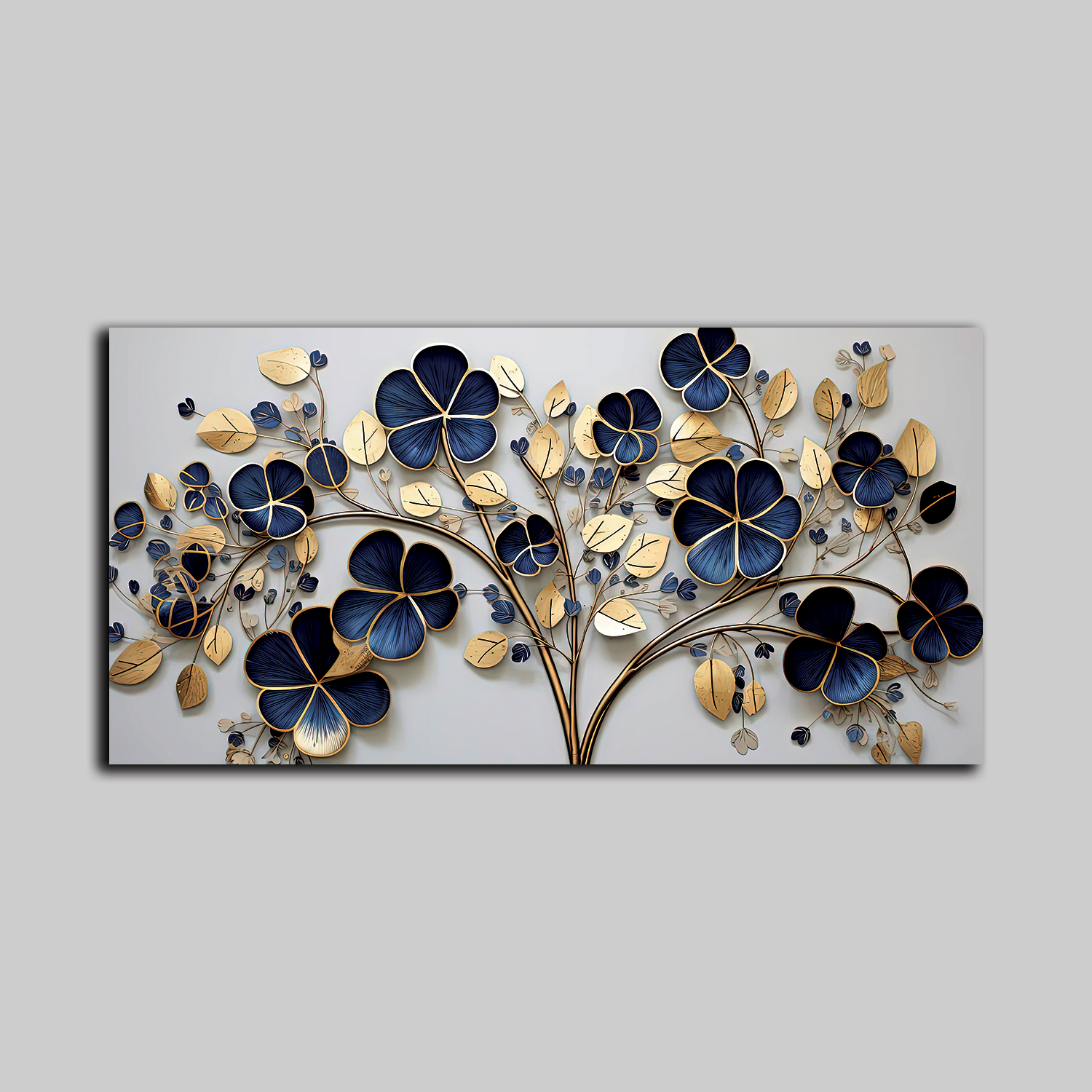 Elegant 3D Golden Floral Wall Art – Deep Blue Blossoms and Metallic Leaves for Modern Home Décor