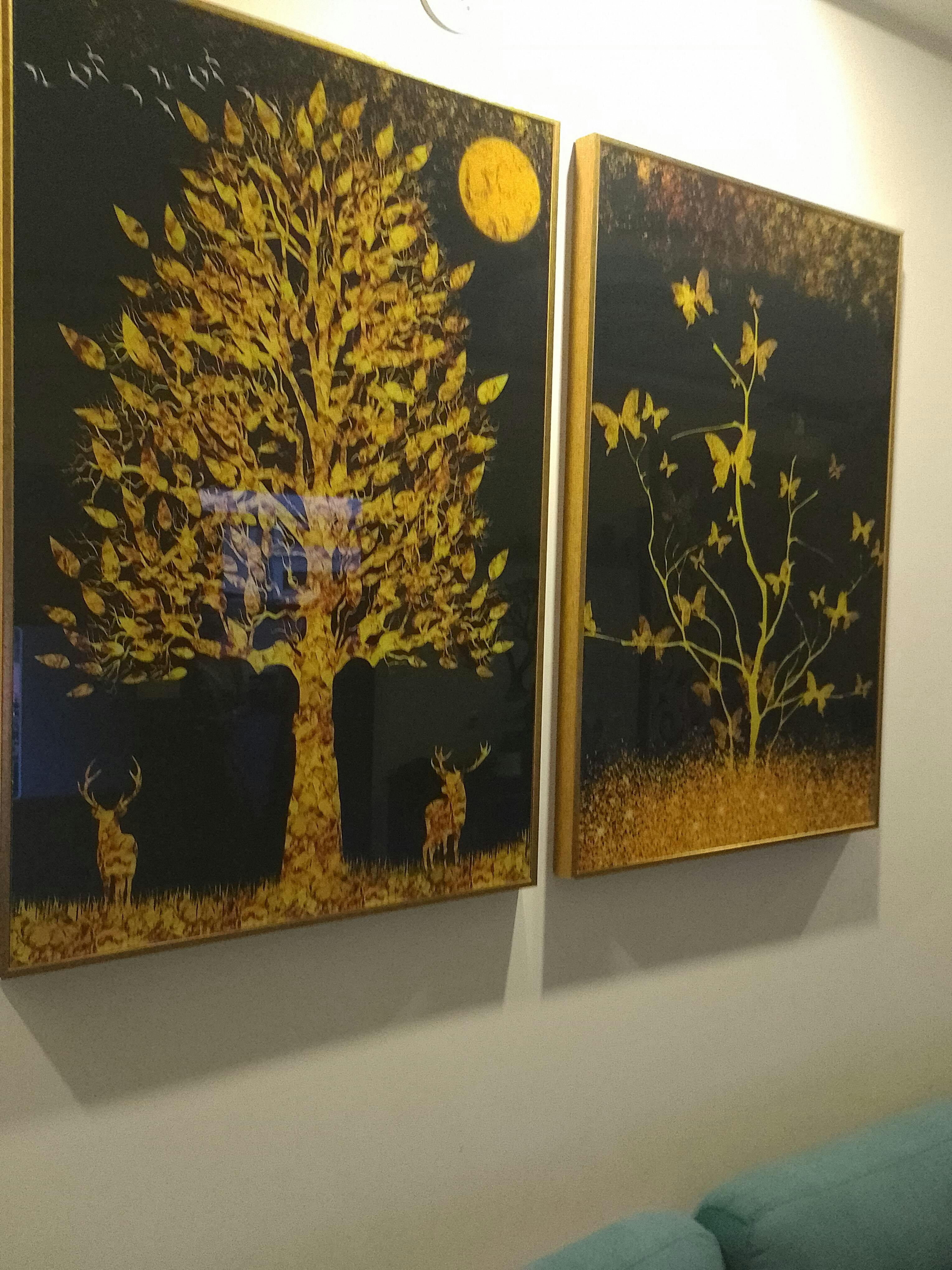 Abstract Golden Shiny Leaves Acrylic Floating Wall Painting Set of 2
