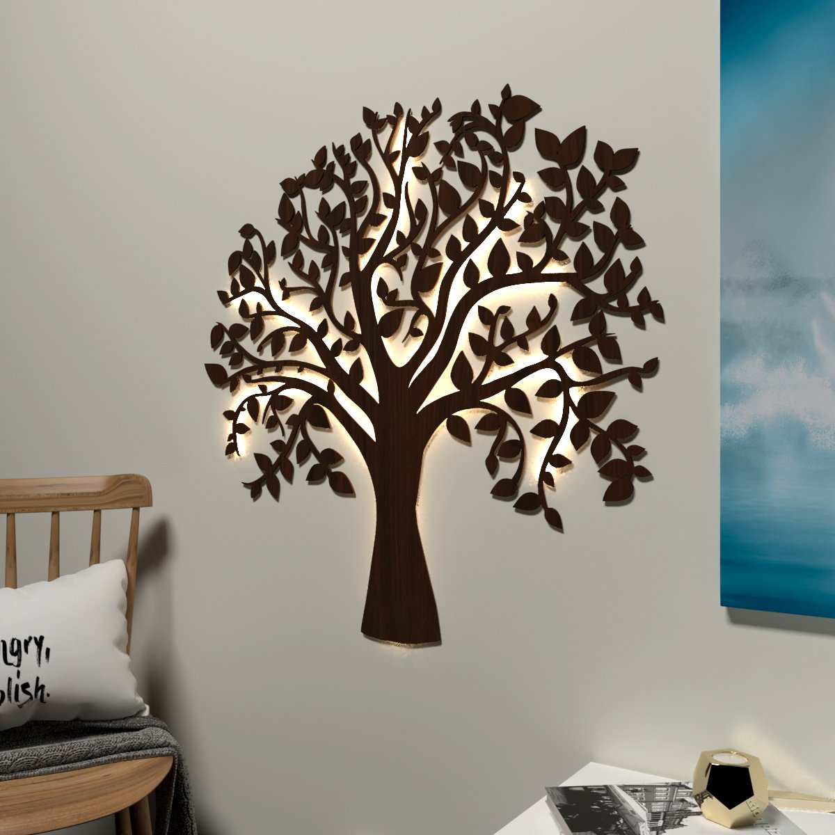 Glowing Tree Backlit wall Art / Night Light, Walnut Finish