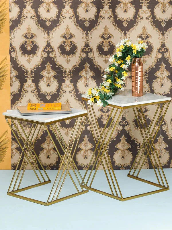 White Marble Golden Iron Stand Side Coffee Table Set of 2