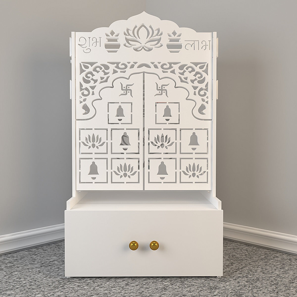 Lotus Wooden Floor Door Temple for Home With Inbuilt focus Lights & Spacious Shelf