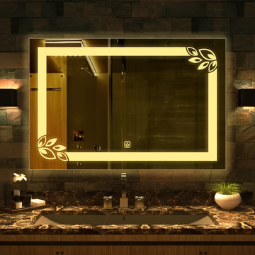 Classic Rectangular Shaped Floral Patten Led Bathroom Wall Mirror