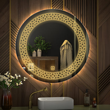Designer Floral Pattern Art Led Rounded Shape Bathroom Wall Mirror
