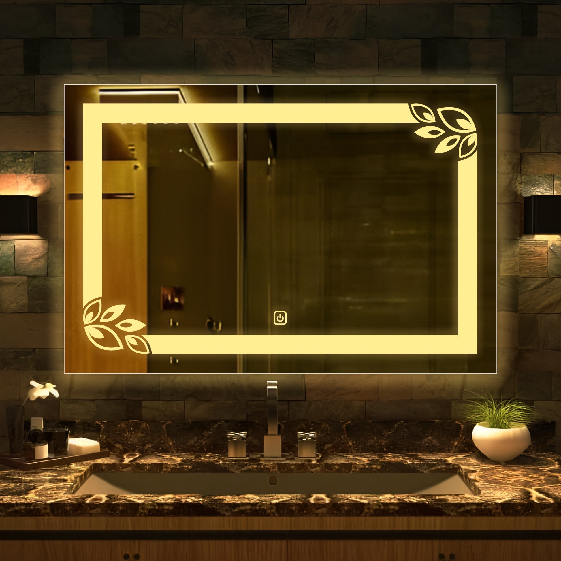 Classic Rectangular Shaped Floral Patten Led Bathroom Wall Mirror