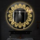 Beautiful Leaf Patten Art Led Rounded Shape Bathroom Wall Mirror
