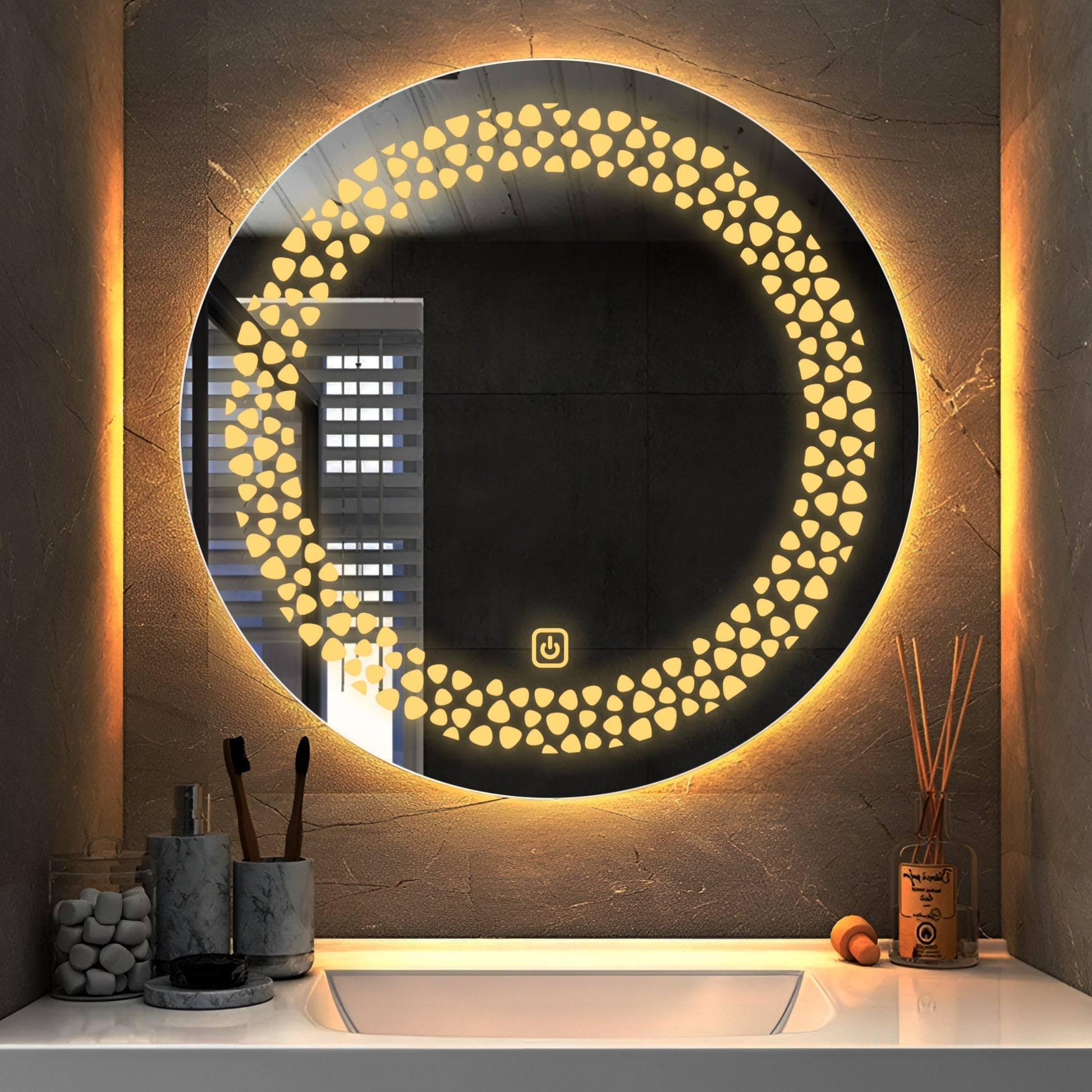 Beautiful Unique Pattern Led Rounded Shape Bathroom Wall Mirror