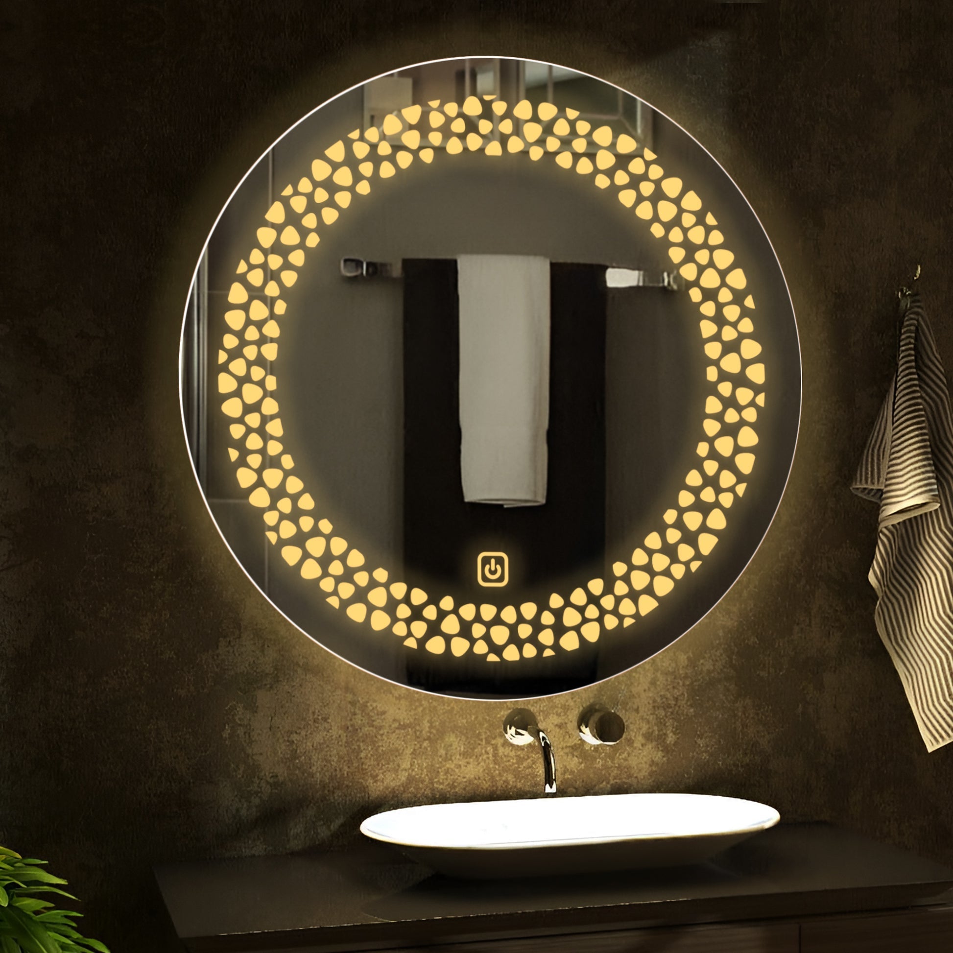 Beautiful Unique Pattern Led Rounded Shape Bathroom Wall Mirror