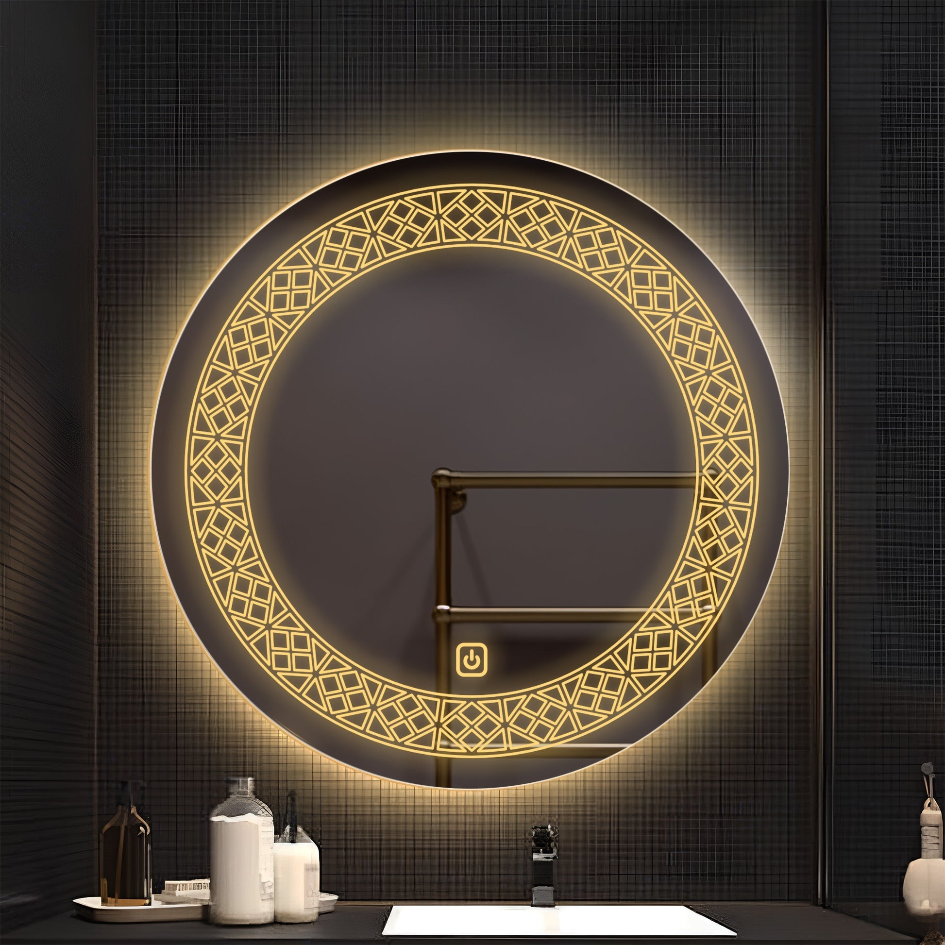 Designer Floral Pattern Art Led Rounded Shape Bathroom Wall Mirror