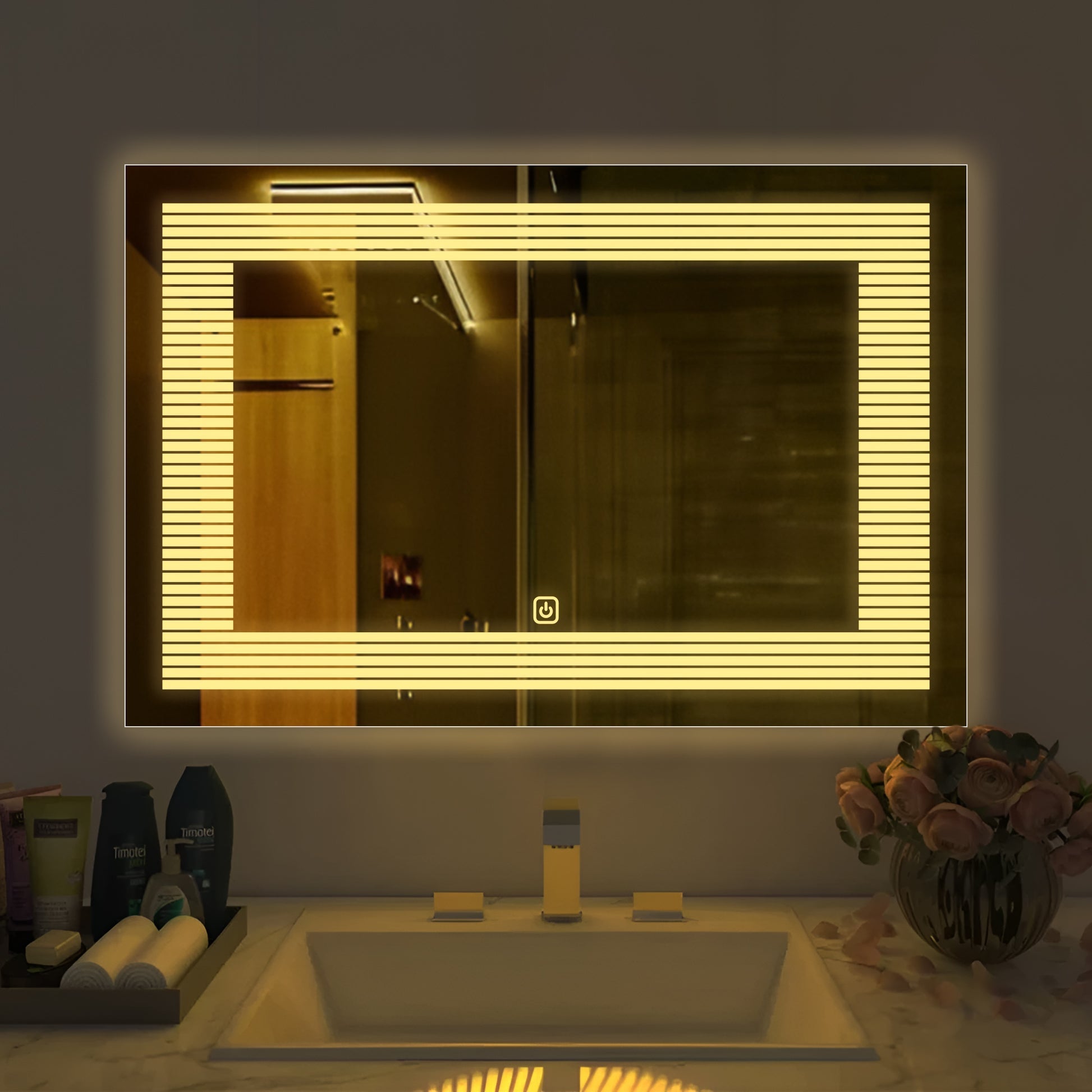 Rectangular Shaped Line Art Pattern Led Bathroom Wall Mirror